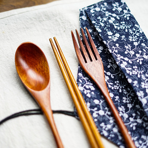 白糖杂货 和风布袋餐具 日式木质环保筷子勺子叉子收纳袋便携套装