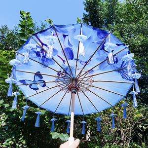 女童蓝色古风流苏防晒舞蹈绸布古装旗袍走秀演出道具中国风汉服伞