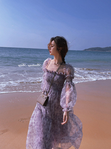 MG小象网纱法式仙女碎花紫色连衣裙2023夏新款显瘦小蓝孩度假长裙
