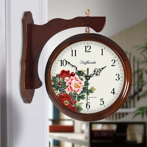 新中式实木双面挂钟静音中国风客厅两面挂表创意墙钟石英钟表大号