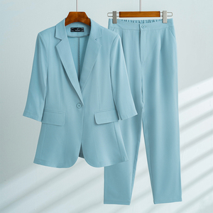 蓝色西装套装女春秋七分袖2024新款夏季薄款休闲职业正装西服外套