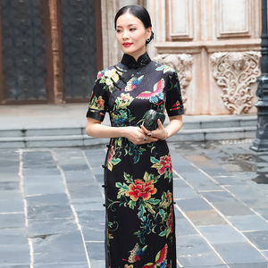 三重门{大宅门}新款重磅真丝桑蚕丝旗袍复古中国风女修身中式日常