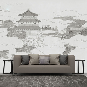 新中式客厅壁布 中国风宫殿精雕工艺定制壁画 茶室背景墙禅意墙布