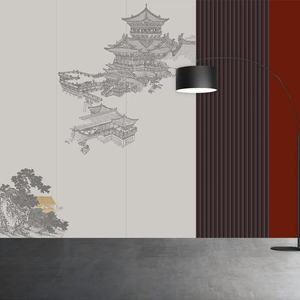 新中式线描古建筑电视背景墙壁纸客厅沙发卧室墙布书房茶室墙壁画