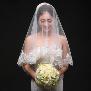 新款蕾丝亮片花边3米超长头纱新娘结婚拖尾头纱婚纱韩式头纱白色