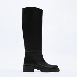 ZA2024女鞋秋冬新款黑色平跟长筒英伦风骑士靴圆头粗跟时装靴长靴