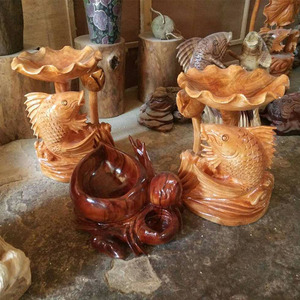 整木根雕 香樟木水果盘茶盘 鲤鱼木雕摆件 礼品