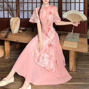 夏季国风复古显瘦新中式改良旗袍裙大码甜美温柔粉红色碎花连衣裙