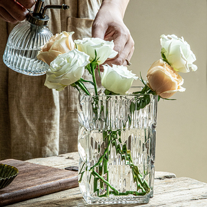 巷子尾〖氛围感好物〗方形透明玻璃花瓶玄关装饰摆件高颜值插花器