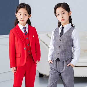 女童西装套装礼服春秋款洋气男童元旦主持人演出服小女孩红色西服