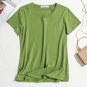 芥末绿色上衣女短袖纯棉 水果色复古港味泫雅风抹茶绿v领半袖t恤