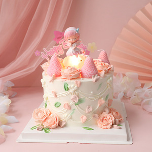 少女心生日蛋糕装饰发光云朵小天使摆件可爱小女孩草莓蜡烛装扮