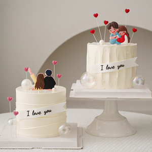 520情人节蛋糕装饰卡通甜蜜情侣人偶摆件我爱你立体爱心告白插件