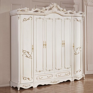 欧式六门衣柜法式卧室实木组装衣橱珠光白储物大衣柜奢华别墅家具