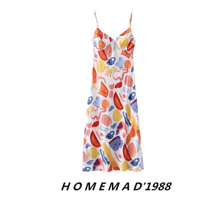 1988女装21年夏季新款涂鸦油画水印花人棉后背露背系带吊带连衣裙