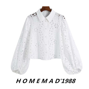 1988女装21年夏季新款欧美风重工刺绣镂空翻领灯笼袖短版长袖衬衫
