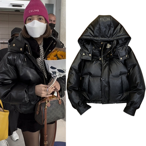 90白鸭绒明星lisa同款pu皮黑色短款羽绒服女加厚面包服小个子外套