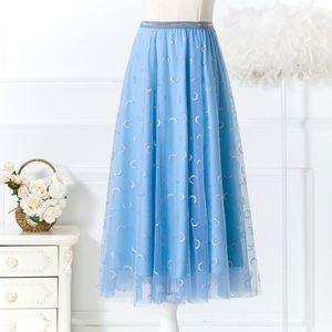 2020春夏新款星空浅蓝色网纱半身裙时尚亮闪闪a字百褶中长仙女裙