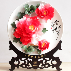 12寸实底洛阳牡丹瓷盘摆件花开富贵陶瓷器客厅家居挂盘礼品十二寸