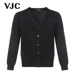 VJC/威杰思2023秋季男装新款羊毛V领针织衫纯色修身短款开衫外套
