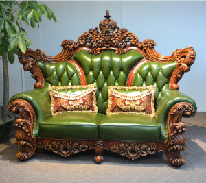 欧式真皮沙发墨绿色头层牛皮 皇冠沙发 定制皮色木色四人位家具