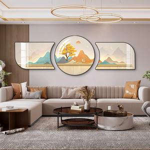 背有靠山客厅装饰画新中式山水画沙发背景墙挂画轻奢大气三联壁画