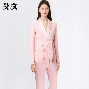 艾文欧美大牌女装新款欧美时尚修身双排扣粉色西服套装职业装V283