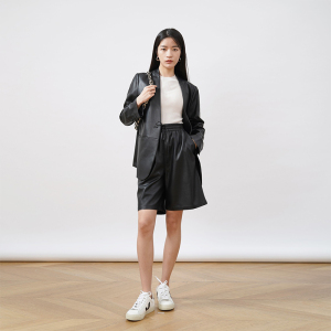 蔻丝kohs限定环保皮无领西装外套女秋高腰弹力中裤西服套装两件套