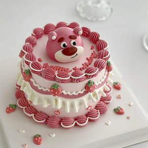 生日帽草莓熊蛋糕装饰摆件ins韩式粉色小熊头儿童派对甜品台插件