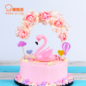 玫瑰花朵粉蓝色立体拱门花环生日派对甜品台插旗烘焙蛋糕装饰插件