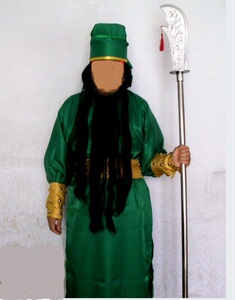 关公帽子长袍表演服装舞台道具三国关羽长胡子年会小品绿色古装