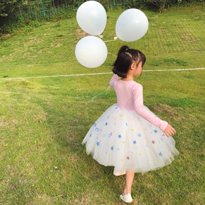 女童秋季长袖星星纱裙2021小女孩儿童刺绣公主裙蓬蓬网纱裙装洋气