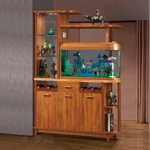现代鱼缸间厅柜隔断柜实木双面玄关门厅柜一体多功能酒柜鞋柜屏风