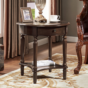沙发边几 美式复古小茶桌可移动中古风圆形阳台咖啡桌子实木角机