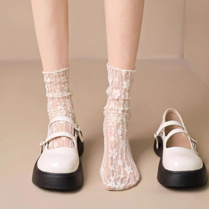 白色蕾丝袜子女配玛丽珍小皮鞋中筒袜网纱花边夏天堆堆袜夏季薄款