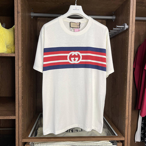[宫先生奢品]gucci 古奇 白色双g条纹印花短袖t恤男 616036xjdag