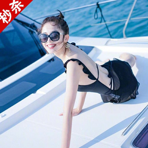 古力娜扎明星同款黑色连体泳衣荷叶边吊带露背性感度假比基尼泳装