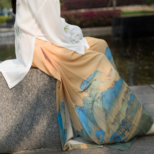 她说汉家衣裳汉服女三褶宋裤夏季新品千里江山印花抽绳裤装