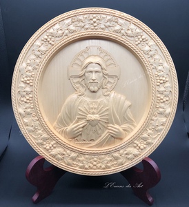 圣牌玫瑰经念珠原创设计桧木雕浮雕耶稣圣心圆盘摆件25cm家居