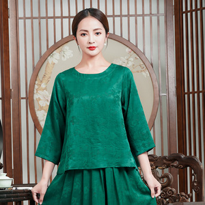 河泥原创设计真丝桑蚕丝彩罗香云纱圆领七分袖女款上衣t恤