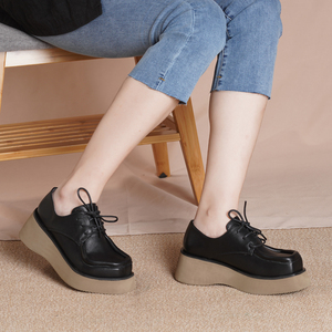 真皮厚底松糕鞋女 回古2022年春季新款系带方头休闲纯色四季单鞋