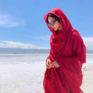 宫佩【COCOa小苏】大红色拍照棉麻围巾沙漠防晒披肩海边旅游纱巾
