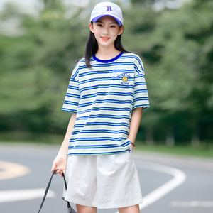 初中学生条纹短袖t恤高中女孩宽松短裤套装时尚休闲少女装夏装潮