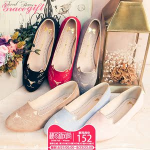grace gift可爱猫咪鞋甜美单鞋女休闲平底鞋女度假鞋舒适旅游鞋