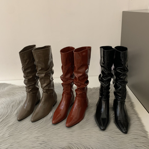 尖头靴子女红色堆堆靴长筒骑士靴鞋子女新款2022爆款秋冬季马丁靴