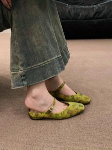 新中式复古平底包头半拖女鞋子2024新款爆款春夏绿色新中式玛丽珍