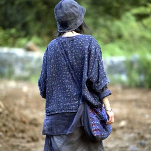 棉麻布衣2022春新款文艺复古双层棉麻印花宽松圆领套头上衣女短衫