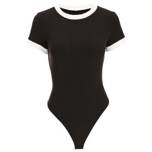 成人大码白色拼色短袖t恤修身显瘦连体舞蹈服纯棉短袖三角连体衣