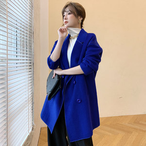 双面羊绒大衣女中长款2023年新款秋季韩版宝蓝色呢子全羊毛呢外套