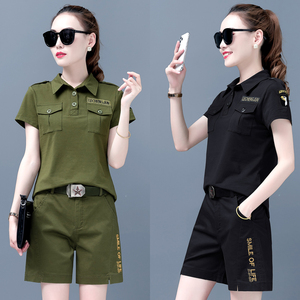 2022春夏军绿色女装修身黑色水兵舞衬衣短袖T恤新款迷彩服女套装